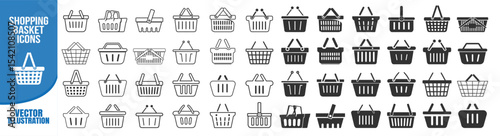 **Shopping basket icons collection. Grocery cart symbols. Market and store buy pictograms. Flat vector illustration on transparent background**