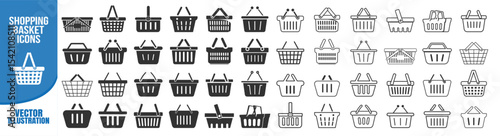 Shopping basket icon set. Flat vector illustration on transparent background