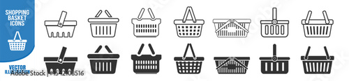 Shopping basket icon set. Flat vector illustration on transparent background