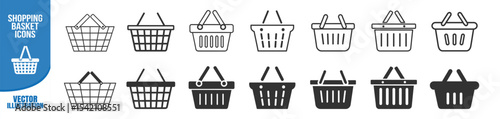 Shopping basket icon set. Flat vector illustration on transparent background