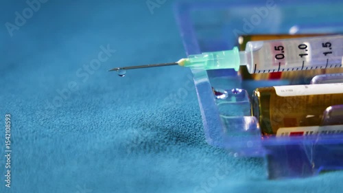 single-use medical syringe with medicine droplets and empty drug bottle indoors