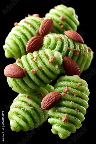 Close-up of trofie, Italian twisted short pasta shape, garnished with herbs on solid black background. Concept of trofie showcasing texture, shape, and culinary appeal.