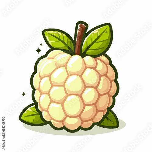 Cartoon custard apple with green leaves and stem on a white background