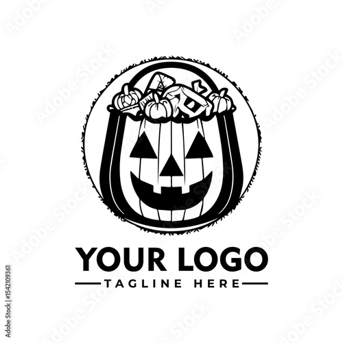 A black and white logo with a pumpkin bucket filled with candy, set in a circle.