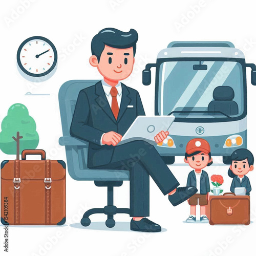 Cartoon depiction of a businessman with children bus luggage and clock