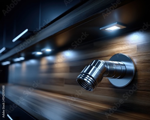 Close-up of a modern metal faucet mounted on a wooden countertop beneath illuminated cabinetry