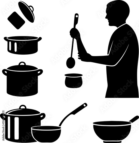 silhouette man with saucepan scoop ladle kitchen u.eps