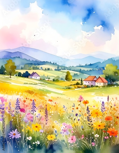 Vibrant watercolor field of flowers with rolling hills in the background of the countryside