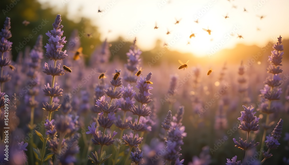 Obraz premium In the warm light, bees fly over a lavender field in search of nectar.