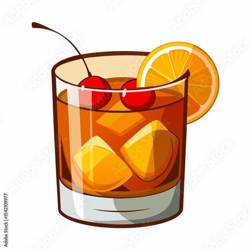 Old fashioned cocktail illustration with cherries and orange