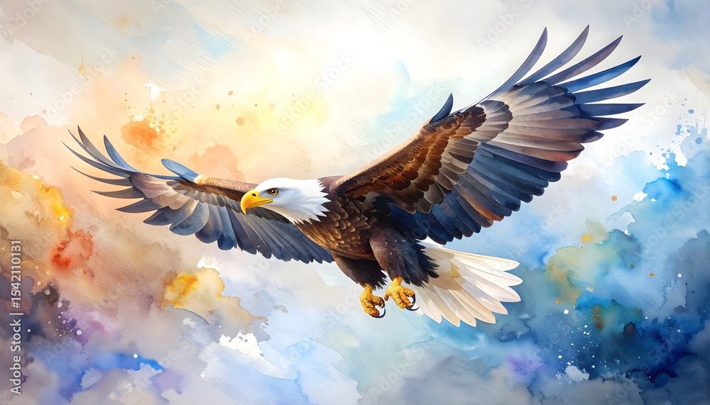 Fototapeta premium Majestic eagle flying high above the ground in a bright blue sky in a stunning watercolor