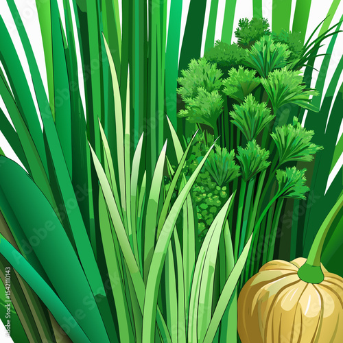 Vibrant green herbs and squash illustration
