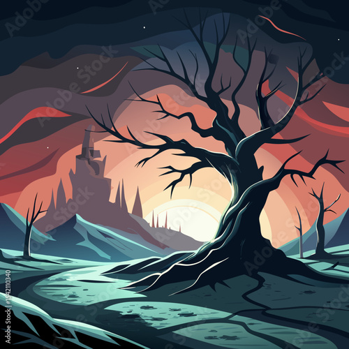 Barren landscape with dead tree and distant castle
