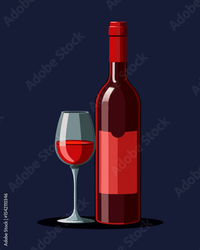 Red wine bottle and glass on dark background