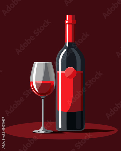Red wine bottle and glass on dark background
