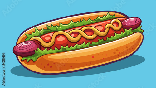 Delicious hot dog with mustard lettuce and onions