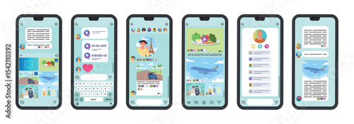 Set Messenger chat with avatars messages and reactions on the phone. dialing a phone with messenger chat interfac. Vector illustration in flat style