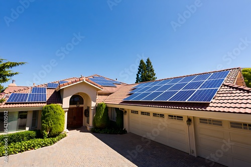 Suburban House with Solar Panels on Brown Tile Roof Blue Sky Day Bright Sunlight Residential Home Energy Efficiency Alternative Energy Source Eco Friendly Home Design