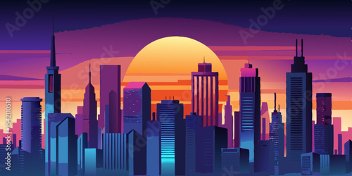 City Skyline at Sunset – Vector Silhouette Scene