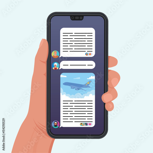 Messenger chat with avatars messages and reactions on the phone. Hand holding a phone with messenger chat interfac. Vector illustration in flat style