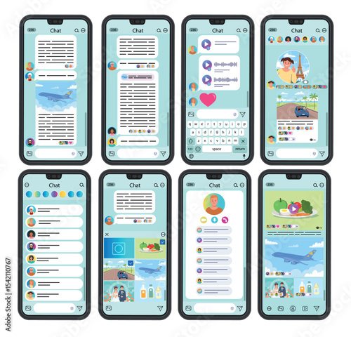 Messenger chat with avatars messages and reactions on the phone. Hand holding a phone with messenger chat interfac. Vector illustration in flat style