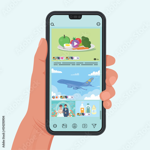 Messenger chat with avatars messages and reactions on the phone. Hand holding a phone with messenger chat interfac. Vector illustration in flat style