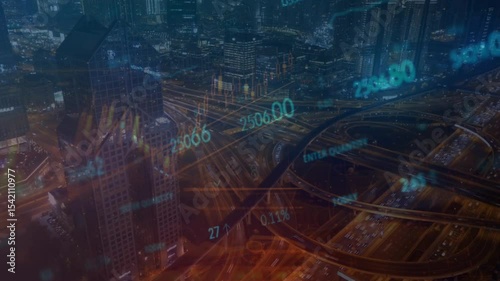 image of data processing over cityscape. global business, digital interface, connections and digital interface concept digitally generated image.