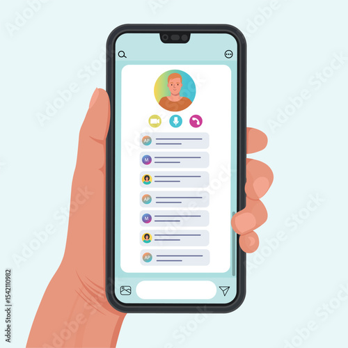 Messenger chat with avatars messages and reactions on the phone. Hand holding a phone with messenger chat interfac. Vector illustration in flat style