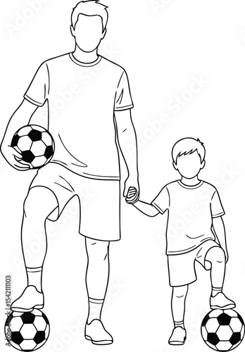 Father Son Holding Hands Soccer Balls Line Art Black White