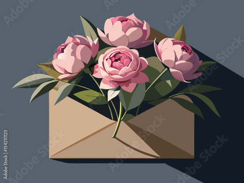 Pink peonies in a kraft envelope illustration
