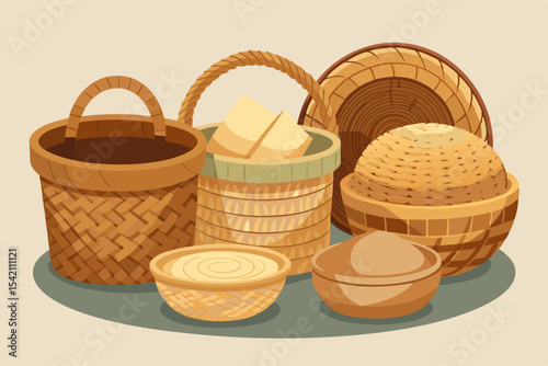 Collection of woven bamboo baskets and bowls