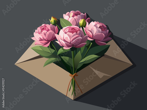 Pink peony bouquet in a kraft envelope