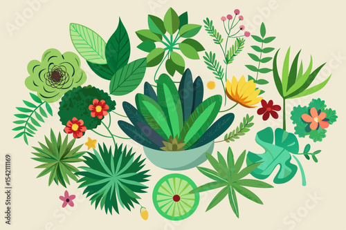 Vibrant tropical plants and flowers arrangement