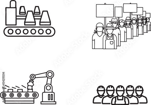 Industrial Revolution Concept Vector Icons Featuring Automation, Factory Workers, Labor Protest and Robotic Manufacturing for Modern Industry, Employment, and Labor Rights Themes – Line Style 
