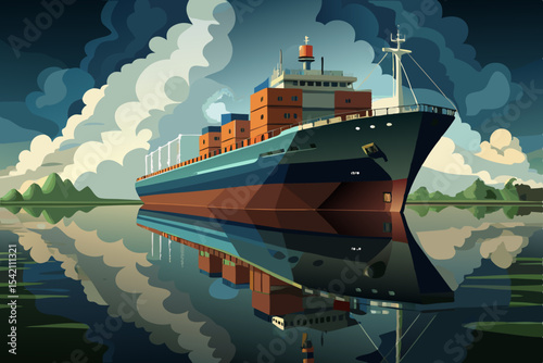 Cargo ship at calm waters under cloudy sky