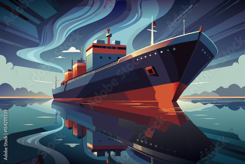 Cargo ship at sea with dramatic sky reflection