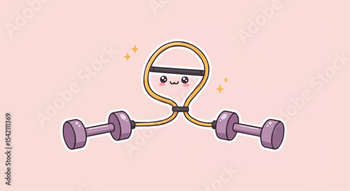 Cute workout equipment character smiling happily with dumbbells and resistance band on a pastel background