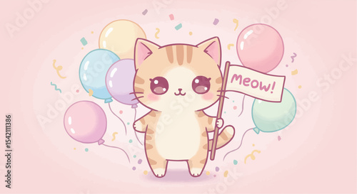 Cute kitten holding a flag at a whimsical celebration among colorful balloons in a soft pastel background