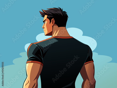 Muscular man back view cartoon illustration