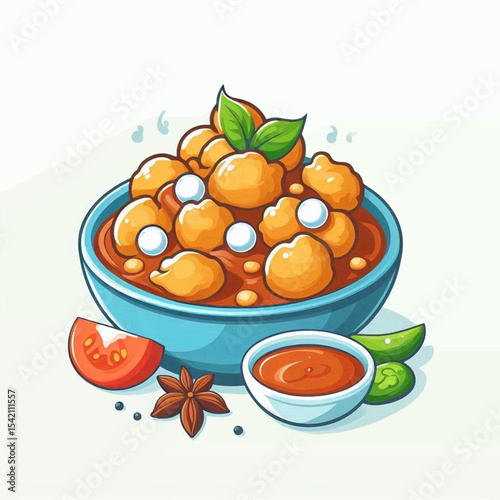 Cartoon drawing of a bowl of curry with dumplings garnished with basil leaves with spices a slice of tomato and sauce on the side