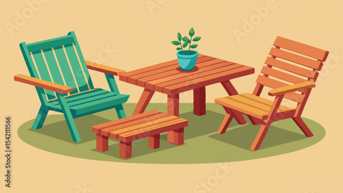 Wooden patio furniture set with small table and plant