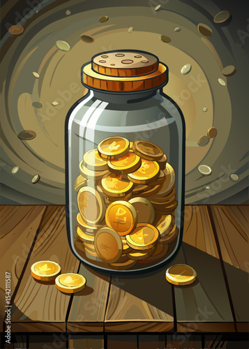 Glass jar filled with gold coins on wooden table