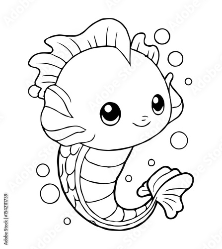 Cartoon fish outline Cute round head bubbly backdrop defined fins and segmented body