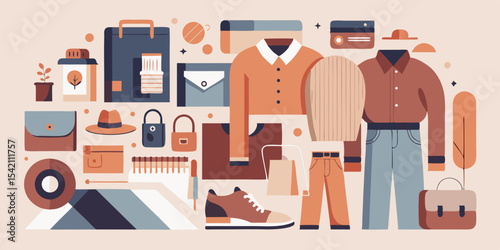 Autumn fashion and accessories flat lay illustration