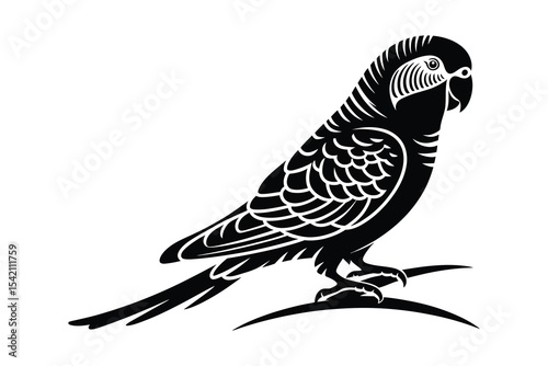 A black and white minimalist vector illustration of a parakeet bird 