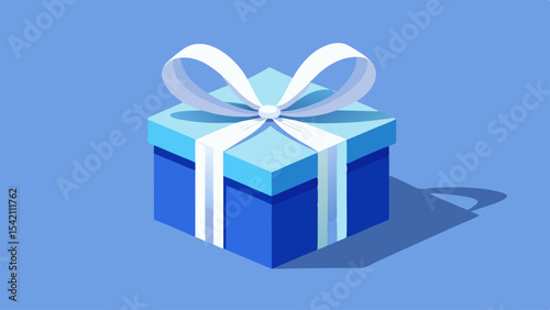 Isometric blue gift box with white ribbon