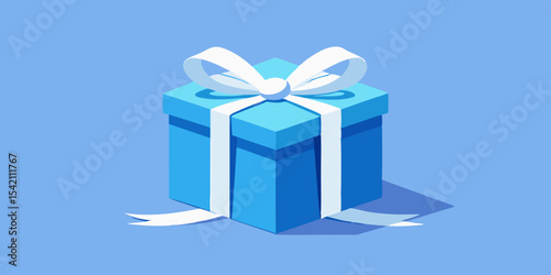 Isometric view of a light blue gift box with white ribbon