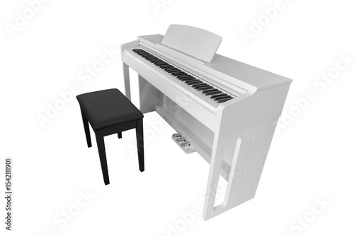 white piano with black chair isolated on white background
