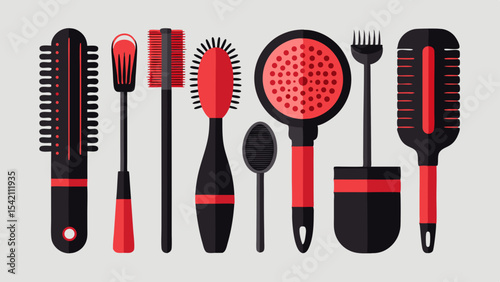 Collection of red and black hair and body brushes