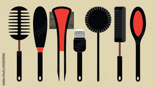 Collection of black and red cleaning and grooming tools